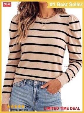 Women's Wool Blend Puff Sleeve Crewneck Pullover Sweater